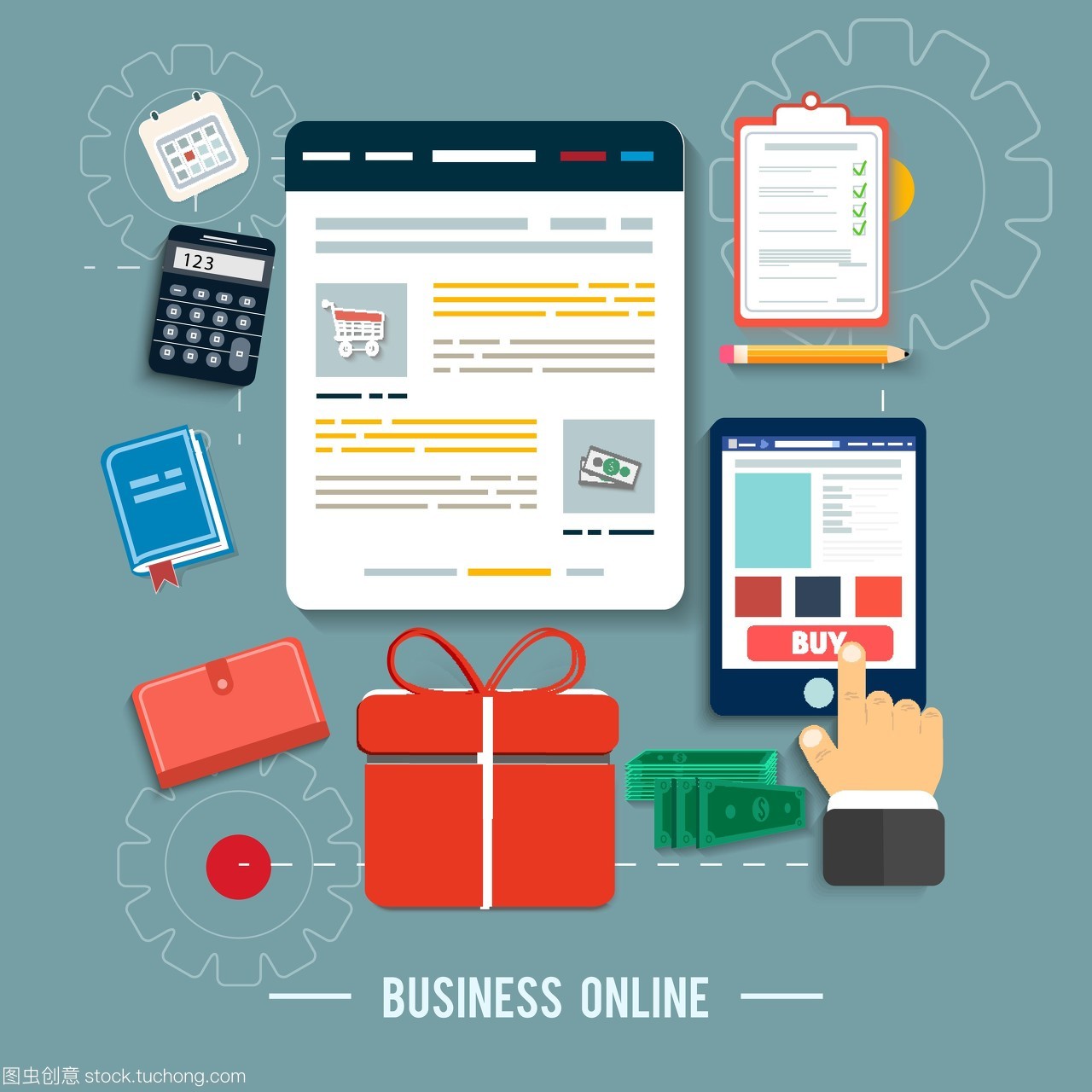 業(yè)務(wù)網(wǎng)絡(luò)圖標(biāo)。在平面設(shè)計(jì)中通過(guò)網(wǎng)上商店和電子商務(wù)思想符號(hào)和購(gòu)物元素購(gòu)買產(chǎn)品圖標(biāo)的海報(bào)概念